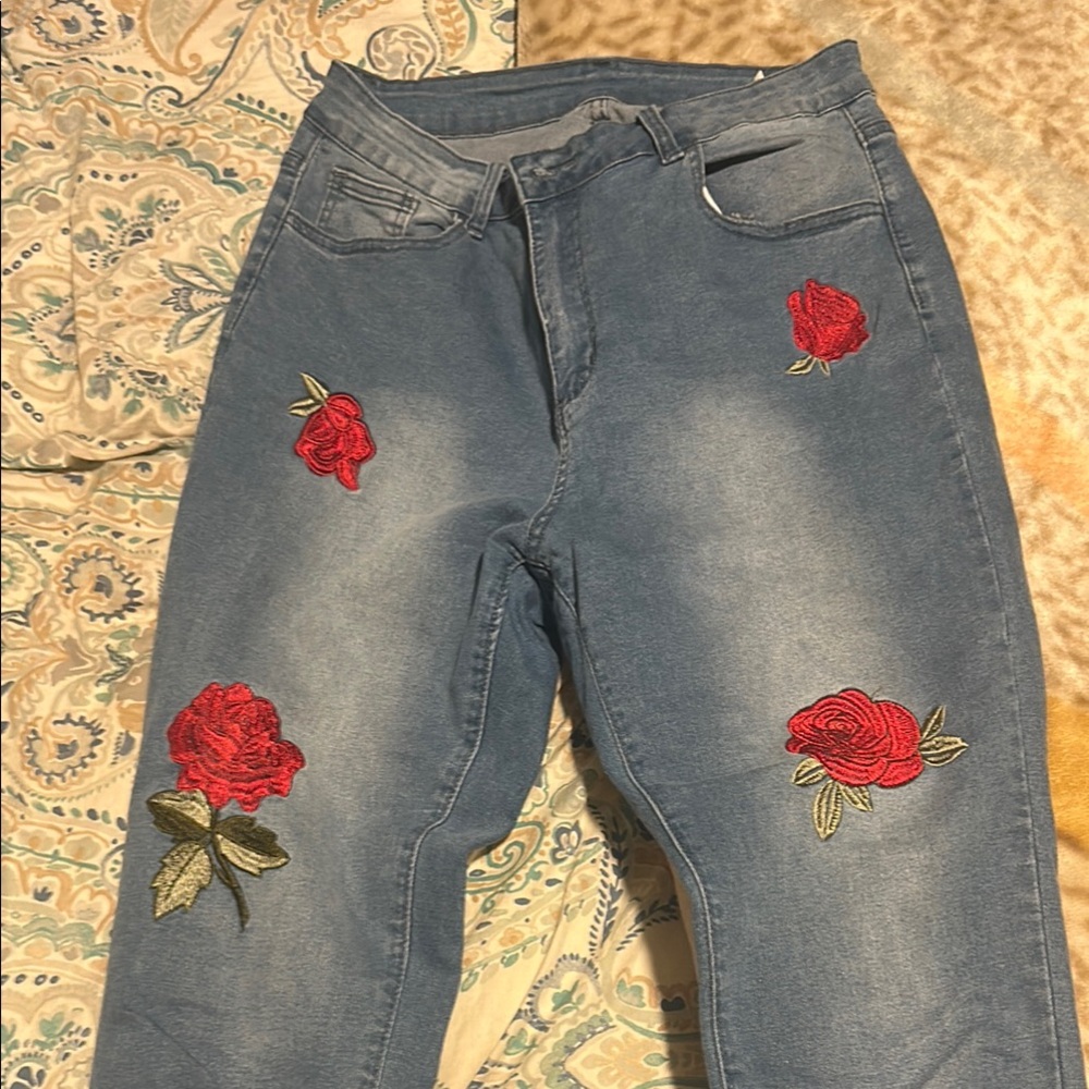Skinny Blue Jeans with Red Rose Embroidery